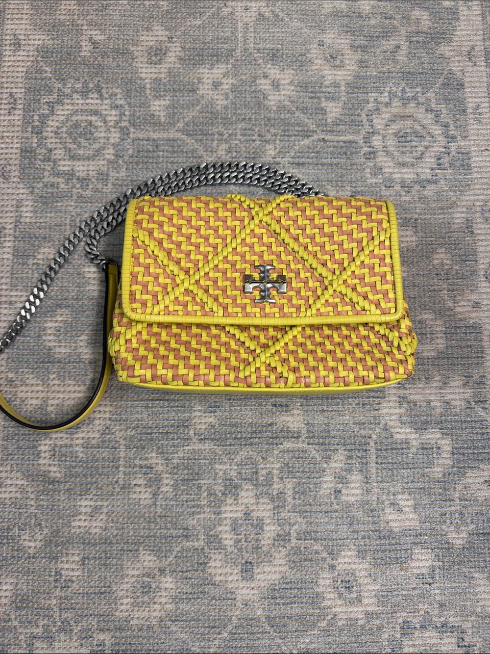 Tory Burch Kira Yellow and Tan Woven Handbag with Chain Strap